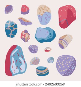 Sea pebbles and shells. Collection of vector illustrations with isolated objects on white background.	
