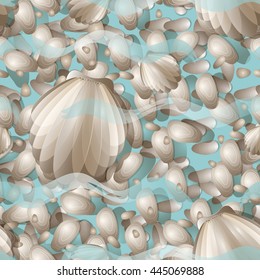 Sea pebbles, shells and pebbles loose on the seabed under the water. Seamless vector pattern sea. The seabed, waves. Marine design