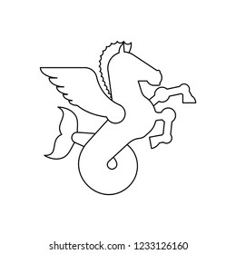 Sea Pegasus Heraldic animal Linear style. Winged horse with fishtail. Hippocampus Fantastic Beast. Monster for coat of arms. Heraldry design element.