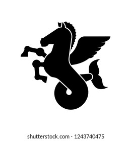 Sea Pegasus Heraldic animal Silhouette. Winged horse with fishtail. Hippocampus Fantastic Beast. Monster for coat of arms. Heraldry design element.