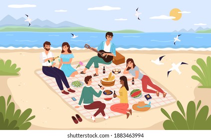 Sea Picnic. Young Happy People Drink And Eat On Sandy Beach, Friends Relax At Ocean Shore And Have Lunch Together, Men And Women Lie And Sit On Blanket Outdoor. Vector Colorful Flat Cartoon Concept