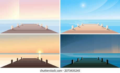 Sea pier at different times of day. Beautiful natural scenery.