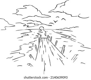 muelle marino en cielo abierto con nubes y pájaros dibujando la ilustración vectorial