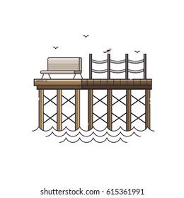 Sea pier vector illustration. Wooden jetty, seagulls and bench at seaside vacation concept.