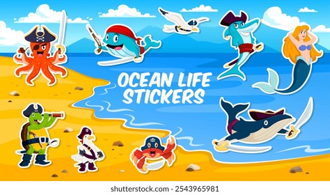 Animais piratas do mar e personagens da sereia etiqueta pack. Manchas vetoriais com polvo de desenho animado brincalhão, tartaruga, gaivota e tubarão, caranguejo ou baleia vestida como corsários na ilha do tesouro com praia de areia