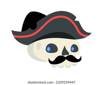 Sea pirate concept. Colorful sticker with skull with mustache, glowing eyes and captains black hat. Decorative element for web and apps. Cartoon flat vector illustration isolated on white background