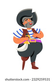 Sea pirate concept. Elderly smiling man with beard and black hat, wooden leg and saber. Kind character in costume for masquerade party. Cartoon flat vector illustration isolated on white background