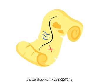 Sea pirate concept. Sticker with paper scroll or map of buried treasure and chest with gold. Colorful decorative element for web and apps. Cartoon flat vector illustration isolated on white background