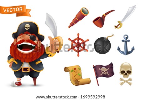 Sea pirate icon set with red-bearded captain character, human skull, saber, anchor, steering wheel, spyglass, bomb, pipe, black jolly roger flag and treasure map. Vector illustration isolated on white