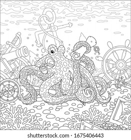 Sea pirate Octopus with a map of a treasure island and a big wooden chest of gold from an old sunken ship among wreckage of a shipwreck on a coral reef, black and white vector cartoon illustration