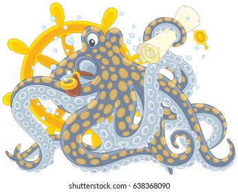 Sea pirate Octopus with a treasure island map, a pipe and a helm
