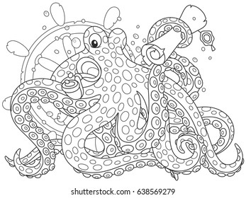 Sea pirate Octopus with a treasure island map, a pipe and a helm