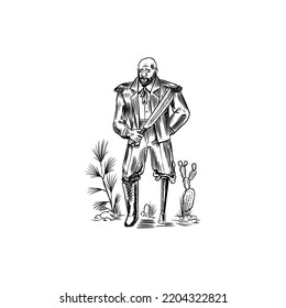 Sea Pirate. One-legged Marine sailor. Portrait of the seaman hook. Engraved hand drawn, vintage sketch for tattoo or print on t-shirt.
