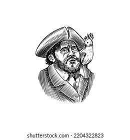 Sea Pirate with a parrot on his shoulder. Portrait of the seaman hook. Engraved hand drawn, vintage sketch for tattoo or print on t-shirt.