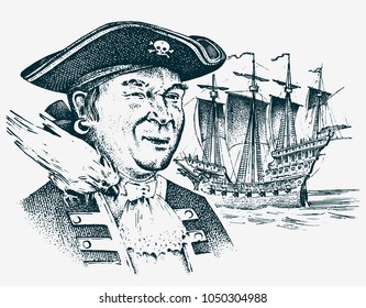 Sea Pirate. Portrait of the seaman hook against the background of sailboat. Marine sailor. Travel by ship or boat. engraved hand drawn, vintage sketch for tattoo or print on t-shirt.