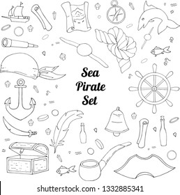 Sea pirate set with rubber, compass, ship, map, headband, pirate hat, pipe, bottle, spyglass, rope knot, fish, feather, chest, coin, map, eye band, anchor, crystal. Vector hand drawn illustration.