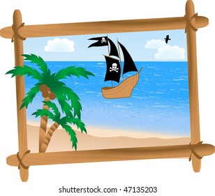 Sea and pirate ship - vector illustration