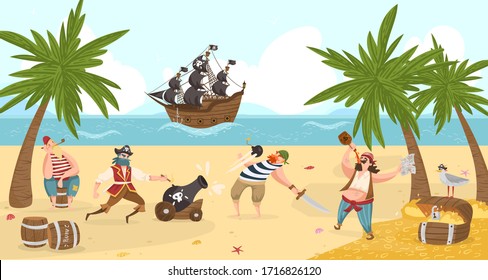 Sea pirates fight and drink rum on island, buccaneers cartoon characters flat vector illustration with treasure adventure. Sail boat in sea, pirates sailors, captain, boatswain and skipper.