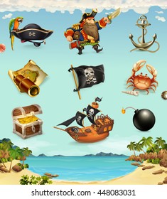 Sea pirates, funny character and objects, vector icon set