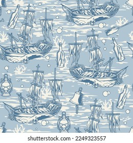 Sea pirates monochrome pattern seamless with sunken sailing ship and bottles with letter at bottom of ocean vector illustration