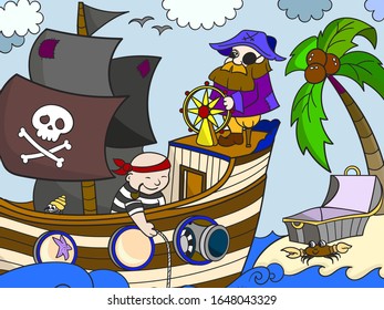 Sea pirates on the ship. The captain of the ship at the helm. Children picture. Vector illustration