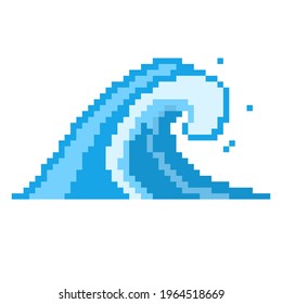 Sea Pixel Wave Icon. Powerful Blue Tsunami Rushing Shore Huge Storm Waves With White Foam And High Stream For Successful Vector Surfing.