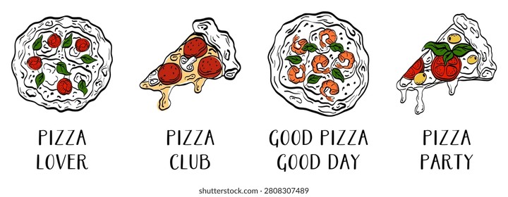 Sea pizza stamp for summer mediterranean card. Italy italian print vintage graphic set with postal artwork. Capri sticker for ocean menu and greece travel ceramic.