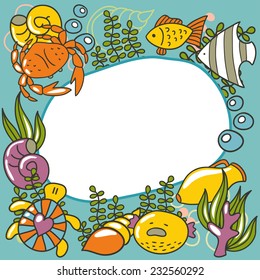 Sea with a place for your text. Colorful background with shell, fish and crab. 