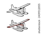 Sea plane vector art illustration isolated in white background. Small amphibious plane vector art monochrome and color vector