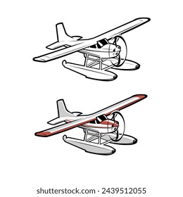 Sea plane vector art illustration isolated in white background. Small amphibious plane vector art monochrome and color vector