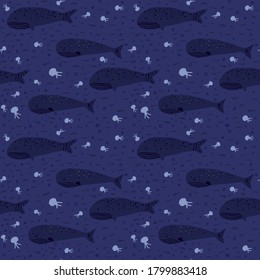 Sea planktone hand drawn seamless pattern. Dark navy blue tones artwork with cachalots, whales, seaweeds and octopuses. Perfect for wallpaper, textile, wrapping, fabric print. Vector illustration.
