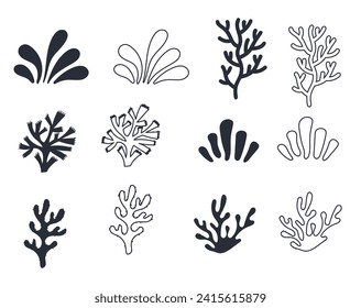 Sea plant alga seaweed coral underwater weed undersea reef isolated set. Vector graphic design illustration