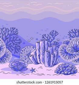 Sea plants and aquarium coral vector horizontal pattern. Nature coral silhouette illustration.