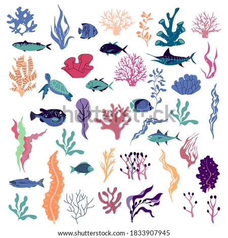Sea Plants and Aquatic Marine Algae with Fish Floating Vector Set. Seaweeds and Underwater Fauna Growing at the Ocean Bottom