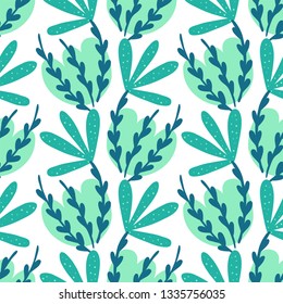 Sea plants seamless hand drawing vector pattern. Endless floral print on white background