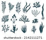 Sea plants silhouettes. Seaweed aquarium, reef seaweeds corals. Marine weeds or algae. Ocean nature decorative elements, isolated neat vector set