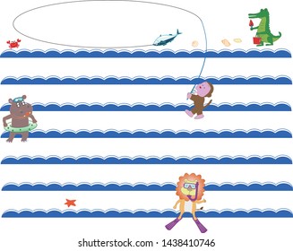Sea play of animals. Hippo swims, lion snorkeling, monkey fishing, crocodile shelling.Title frame for summer.