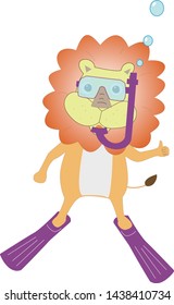 Sea play of animals.A lion is enjoying snorkeling.