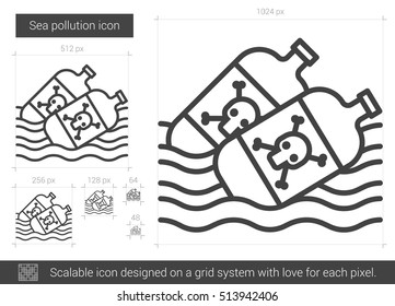 Sea Pollution Vector Line Icon Isolated On White Background. Sea Pollution Line Icon For Infographic, Website Or App. Scalable Icon Designed On A Grid System.