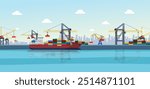 Sea Port Background Vector, ship, shipping containers, cranes, port vector background 