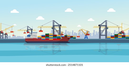 Vector de fondo del puerto marítimo, barco, contenedores de envío, grúas, fondo del Vector del puerto 