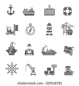 Sea port black icons set with ships and marine transport isolated vector illustration svg