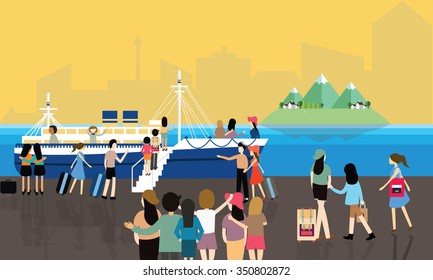 sea port  busy activities people passenger entering the boat to cruise travel 