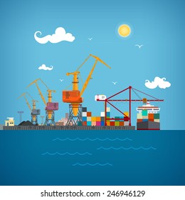 Sea port, cargo cranes  load containers on the container ship or unload at dock, sea freight transportation , vector illustration