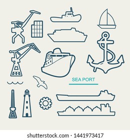 Sea port concept. Freight vessels or ships symbols. Maritime transportation. Thin line icons.