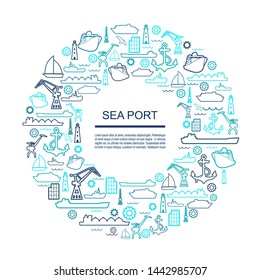 Sea port concept. Freight vessels or ships icons. Maritime transportation. Brochure, report or cover design template. Circle frame with thin line icons.