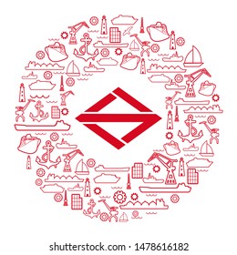 Sea port concept. Freight vessels or ships icons. Maritime transportation. Brochure, report or cover design template. Flag of the Yokohama in the center of circle frame with thin line icons.