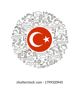 Sea port concept. Freight vessels or ships icons. Maritime transportation. Brochure, report or cover design template. Flag of Turkey in the center of circle frame with thin line icons.