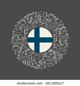Sea port concept. Freight vessels or ships icons. Maritime transportation. Brochure, report or cover design template. Flag of Finland in the center of circle frame with thin line icons.
