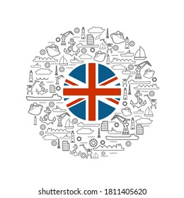 Sea Port Concept. Freight Vessels Or Ships Icons. Maritime Transportation. Brochure, Report Or Cover Design Template. Flag Of United Kingdom In The Center Of Circle Frame With Thin Line Icons.